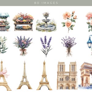 May include: A collection of watercolor illustrations featuring Parisian themes, including flowers, a fountain, a street lamp, the Eiffel Tower, Notre Dame Cathedral, and the Arc de Triomphe.