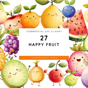 Watercolor Happy Fruit Clipart: Kawaii PNG Images (Commercial Use)