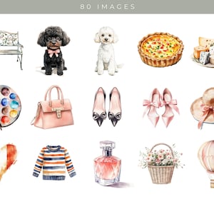 May include: A collection of watercolor illustrations featuring various items, including a bench, a poodle, a quiche, a palette of paints, a handbag, a pair of heels, a hat, a heart with the French flag, a striped sweater, a bottle of perfume, a basket of flowers, and a hot air balloon.