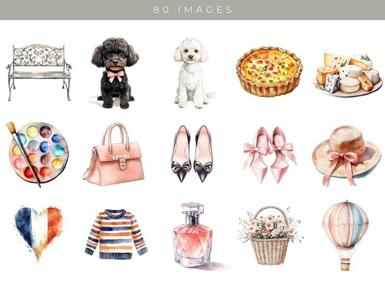 May include: A collection of watercolor illustrations featuring various items, including a bench, a poodle, a quiche, a palette of paints, a handbag, a pair of heels, a hat, a heart with the French flag, a striped sweater, a bottle of perfume, a basket of flowers, and a hot air balloon.