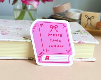 Sticker livre Pretty Little Reader, Sticker girly dessiné à la main, Sticker noeud coquette, Cadeau pour lectrices, Sticker résistant à l'eau, Bouteille d'eau