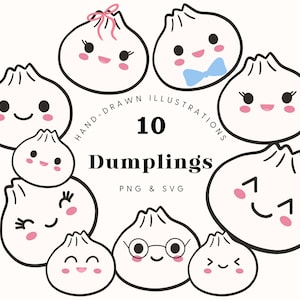 May include: Ten hand-drawn dumpling illustrations, each with a different expression and pink cheeks. Some dumplings have accessories like bows and glasses. The image includes the text "10 Dumplings" and "PNG & SVG".