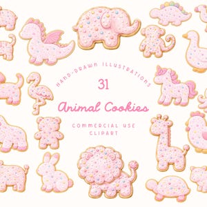 May include: A collection of 31 hand-drawn animal cookie illustrations. The cookies are pink with colorful sprinkles and a golden outline. The animals include a tiger, dragon, elephant, dinosaur, monkey, goose, dog, flamingo, unicorn, octopus, rhino, bear, rabbit, lion, giraffe, chicken, turtle, and hippo.