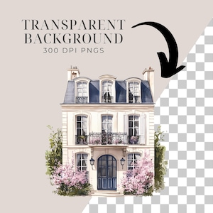 May include: A watercolor illustration of a white building with a blue roof and pink flowers in front. The building has a balcony and a door with a black lantern. The background is transparent.