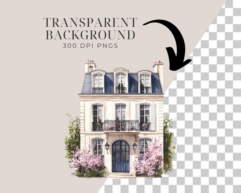 May include: A watercolor illustration of a white building with a blue roof and pink flowers in front. The building has a balcony and a door with a black lantern. The background is transparent.