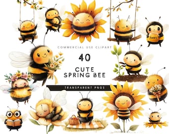 Spring Bee Clipart, Watercolor Bee Clipart, Cute Bee Png, Cute Cartoon Bees Clipart, Happy Bee And Sunflower Clipart, Baby Bee Clipart,