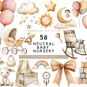 Aquarel babykwekerij clipart, neutrale kinderkamer, boho baby, genderneutrale baby clipart, baby shower clipart, pasgeboren clipart, babyspeelgoed,