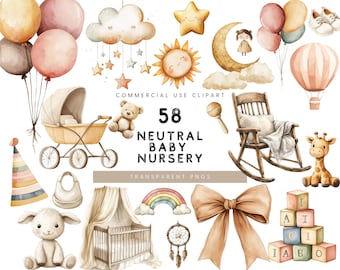 Watercolor Baby Nursery Clipart: Boho Neutral Decor (PNG, 58 Files)