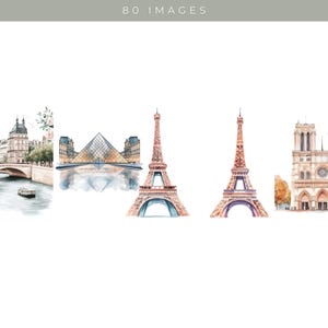 May include: Watercolor illustration of iconic Parisian landmarks, including the Eiffel Tower, the Louvre Museum, Notre Dame Cathedral, and a bridge over a river.