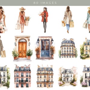 May include: A digital illustration of a Parisian street scene with women carrying shopping bags and walking past buildings. The buildings are painted in a watercolor style with a light blue, white, and yellow color scheme. The women are wearing dresses and coats in various colors, including red, blue, and green.