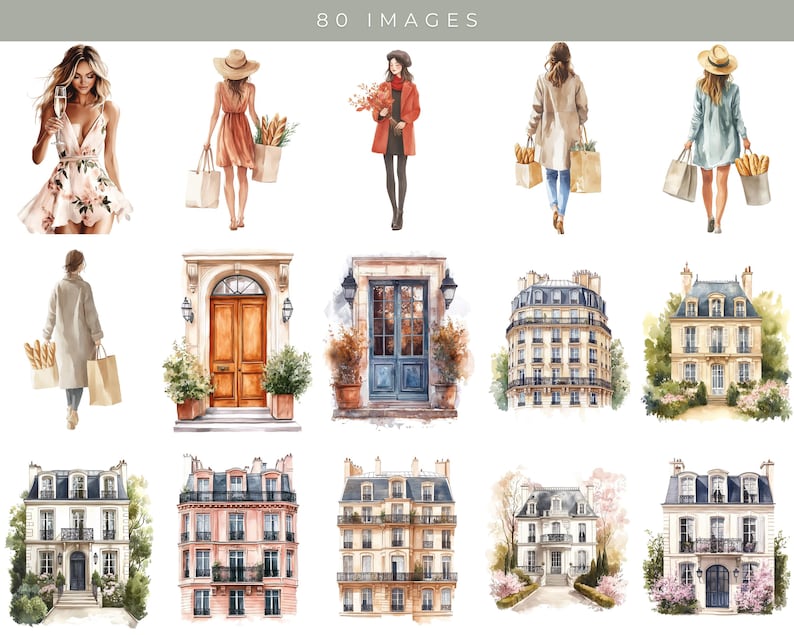 May include: A digital illustration of a Parisian street scene with women carrying shopping bags and walking past buildings. The buildings are painted in a watercolor style with a light blue, white, and yellow color scheme. The women are wearing dresses and coats in various colors, including red, blue, and green.