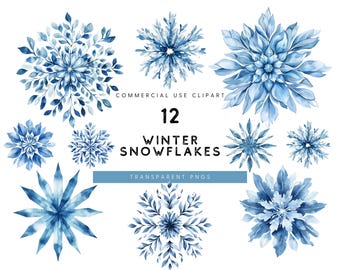 Imágenes prediseñadas de copos de nieve invernales en acuarela: PNGs navideños (descarga digital)