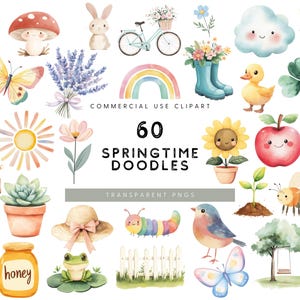 Aquarell Frühling Doodles Clipart, Hallo Frühling Clipart, Frühling Planer Clipart, Kinderzimmer, Babyparty, Kind Illustrationen, kommerzielle Nutzung PNG