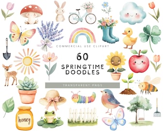 Watercolor Spring Clipart: 60 PNG Doodles (Commercial Use)
