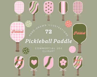 Hand Drawn Retro Pickleball Paddle Clipart: Classic Pink & Green Graphics (PNG ONLY)