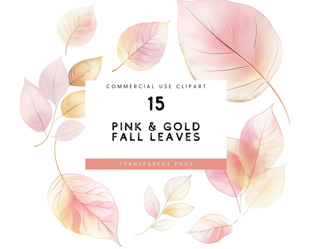 Watercolor Fall Leaves Clipart: Pink & Gold Autumn Leaf Pngs (digital ...
