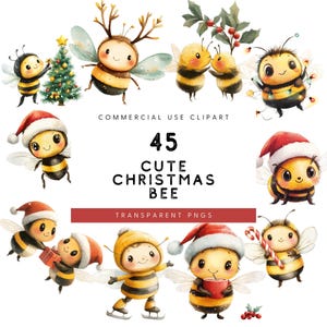 Imágenes prediseñadas de abejas navideñas, imágenes prediseñadas de abejas en acuarela, lindas abejas en formato PNG, lindas abejas navideñas de dibujos animados, abejas navideñas, gráficos de abejas de invierno, abejas de Papá Noel