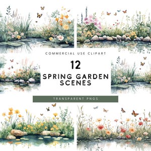 Escenas de acuarela de estanques de jardín, imágenes prediseñadas de primavera, manualidades digitales y de papel, fondos naturales, uso comercial, imágenes prediseñadas de paisajes de primavera