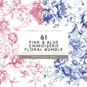 Aquarell Vintage Chinoiserie Blumen Clipart, Botanische Kränze und Bordüren für Hochzeitseinladungen, Toile de Jouy und französisches Barockwappen PNG