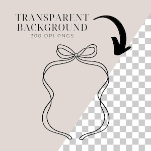 Op de afbeelding: Een zwarte lijntekening van een strik- en lintontwerp. De woorden "TRANSPARENT BACKGROUND" en "300 DPI PNGS" staan boven het ontwerp. Een zwarte pijl wijst van de rechterbovenhoek naar het ontwerp. De achtergrond is lichtbeige.