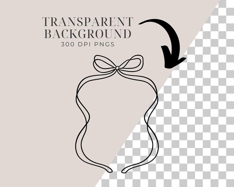 Op de afbeelding: Een zwarte lijntekening van een strik- en lintontwerp. De woorden "TRANSPARENT BACKGROUND" en "300 DPI PNGS" staan boven het ontwerp. Een zwarte pijl wijst van de rechterbovenhoek naar het ontwerp. De achtergrond is lichtbeige.