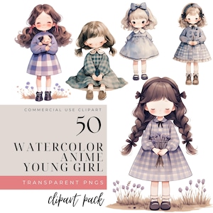 Aquarell Anime süßes Mädchen Clipart, kleines Mädchen PNG, Anime kleines Mädchen, Kinder Clipart, Aquarell Papierpuppen, Junk Journal Whimsy, PNG