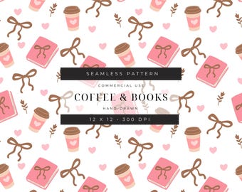 Naadloos patroon voor boeken en koffie: roze coquetteontwerp (commercieel gebruik)