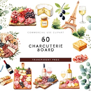 Tabla de charcutería de acuarela, tabla de quesos, tabla de charcutería francesa, clipart de comida de acuarela, gráficos de carne y queso, comida de picnic