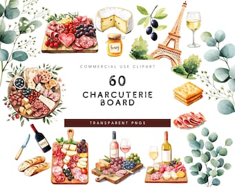 Watercolor Charcuterie Board Clipart: Food & Cheese Graphics (PNG, 300 DPI)