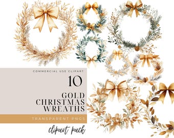 Watercolor Gold Christmas Wreath Clipart: Bows, Floral PNGs (Digital Download)