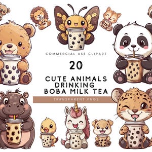 Watercolor Bubble Tea Animal Clipart, Boba Milk Tea, Cute Animals Boba, Cute Animals Drink Boba Tea Clipart, Bubble Tea Graphic, Kawaii