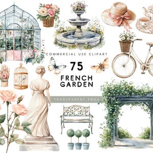 Imágenes prediseñadas de jardín francés en acuarela, imágenes prediseñadas de jardín inglés, imágenes prediseñadas de invernadero, imágenes prediseñadas de jardín de rosas, imágenes prediseñadas de jardín botánico, jardín francés