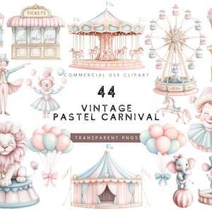 Clipart carosello acquerello, cavallo da giostra, PNG compleanno, PNG baby shower, Clipart carnevale pastello, Clipart circo pastello, Circo vintage