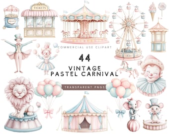Watercolor Pastel Carnival Clipart: Vintage Circus PNG (Digital Download)