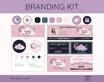 May include: A branding kit design with a soft color palette of pinks, purples, and navy. The kit includes logos, business cards, and social media templates. The text "MIDNIGHT DREAMS" is featured prominently. The phrase "EDITABLE IN CANVA" is also visible.