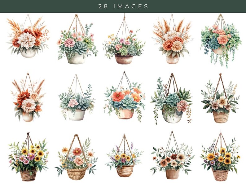 Flowers in Hanging Pots Clipart Watercolor, Home Flowers in Pots