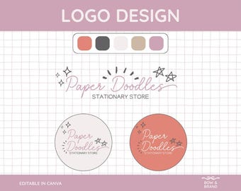 May include: A logo design concept for "Paper Doodles Stationary Store" featuring a color palette and two circular logo variations. The design includes the text "Paper Doodles" in a script font, with the words "Stationary Store" below.