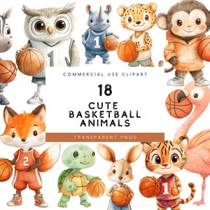 Imágenes prediseñadas de animales de baloncesto, guardería de deportes con dibujos animados lindos de acuarela, imágenes prediseñadas de baloncesto de animales lindos, PNG de baby shower, animales bebés de guardería
