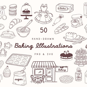May include: Hand-drawn baking illustrations in a line art style. The image includes various baking tools and treats, such as measuring spoons, a whisk, a mixer, a rolling pin, and a bakery shop. Text reads "50 Hand-Drawn Baking Illustrations PNG & SVG".