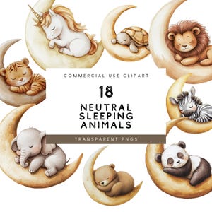 Clipart neutre animaux endormis, aquarelle des cliparts chambre d'enfant, clipart bébé animal endormi, animaux neutres de la chambre d'enfant, animaux mignons PNG, lune