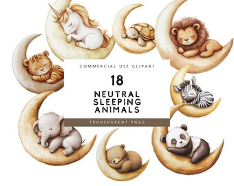 Watercolor Sleeping Animals Clipart: Neutral Nursery Moon PNG (Digital Download)