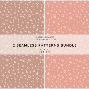 Peut inclure: Un ensemble d'art numérique avec deux motifs sans couture. Un motif a un fond marron clair avec des taches de léopard blanches. L'autre motif a un fond rose avec des taches de léopard blanches. Le texte indique "2 Seamless Patterns Bundle".