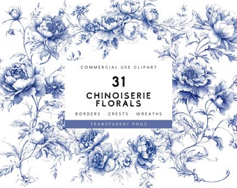 Watercolor Chinoiserie Floral Clipart: Vintage Borders & Wreaths (PNG)