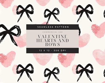 Watercolor Hearts and Bows Seamless Pattern: Valentine's Day Digital Paper (PNG)