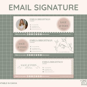 May include: Three email signature templates with a neutral color palette. The top template includes a photo, while the others feature the "Sage & Fern" logo. Each design includes contact information and social media links. The text "EMAIL SIGNATURE" is at the top.