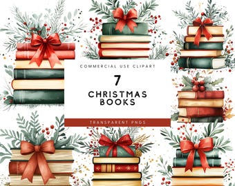 Pila de libros navideños en acuarela: Clipart: Conjunto de PNG festivos