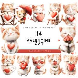 Clipart chat aquarelle Saint-Valentin, chiot PNG de la Saint-Valentin pour usage commercial et projets créatifs, coeurs Clipart Saint-Valentin, chaton mignon amour PNG