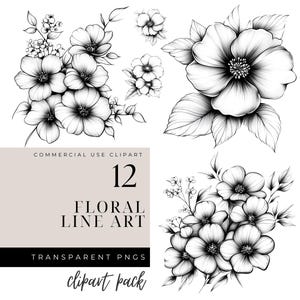 Floral Line Art Clipart, sofortiger Download, schwarz und weiß Clipart, Line Art Clipart, Blumen Clipart, Botanische Clipart, Minimalistische ClipArt