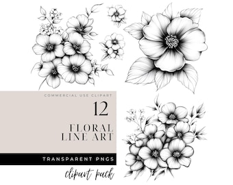 Floral Line Art Clipart: Black and White Flower Designs (Instant Download)