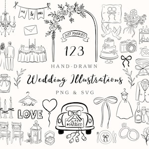 May include: Hand-drawn wedding illustrations in black and white. The image includes a bride and groom, a wedding cake, a car with a "Just Married" sign, and other wedding-related elements. Text includes "Wedding Illustrations", "PNG & SVG", and "Just Married".